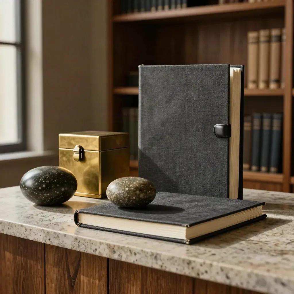 Balance stones, cash box, and binder on travertine in a calm finance archive.