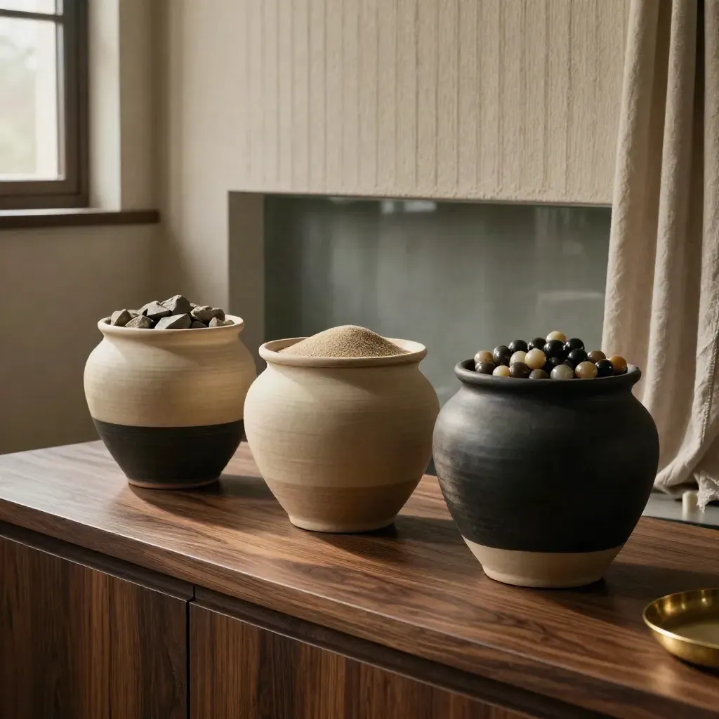 Three ceramic vessels of chips, sand and beads on a walnut plinth in a hazy finance suite.