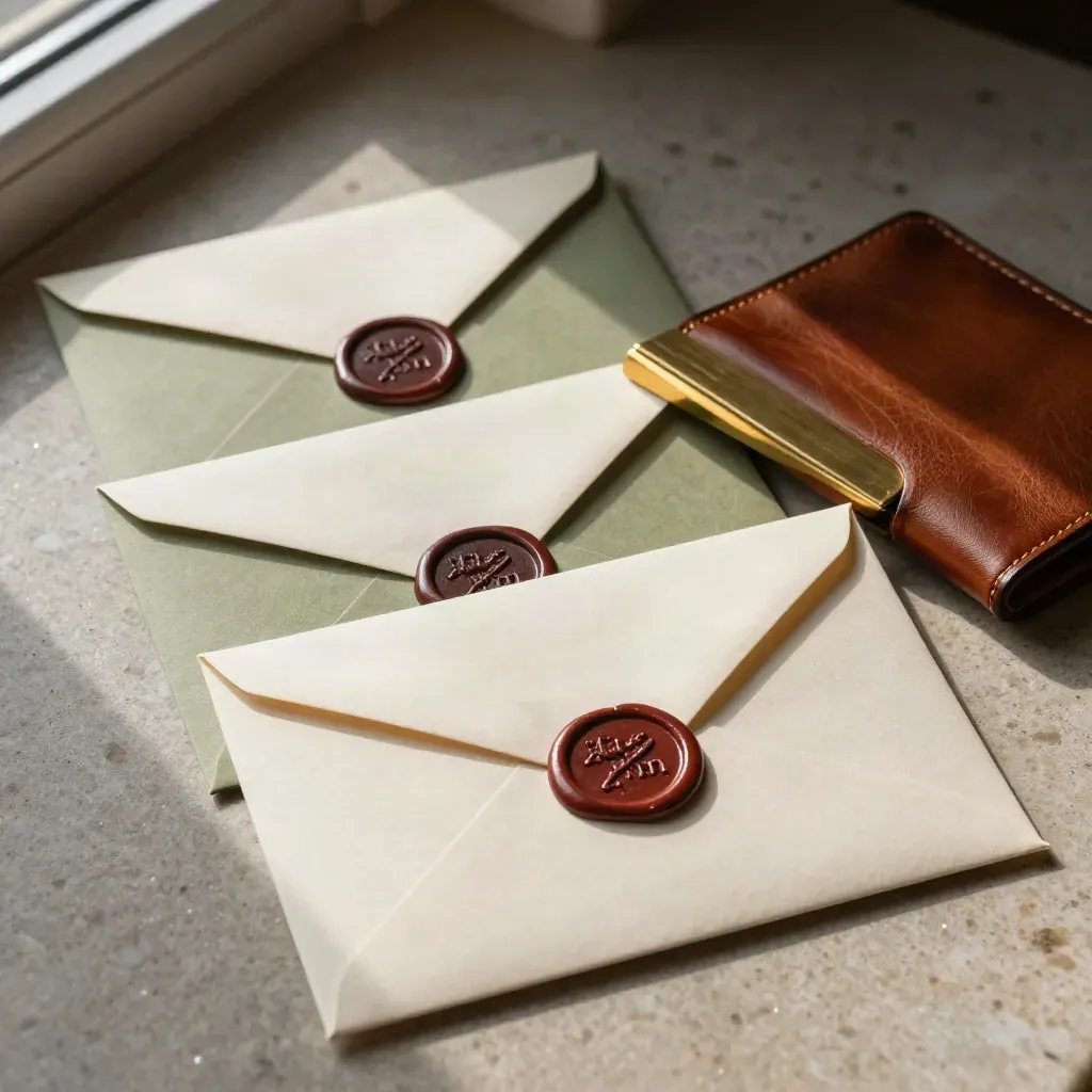 Sealed envelopes, brass divider, and leather card case on stone, lit by soft daylight.