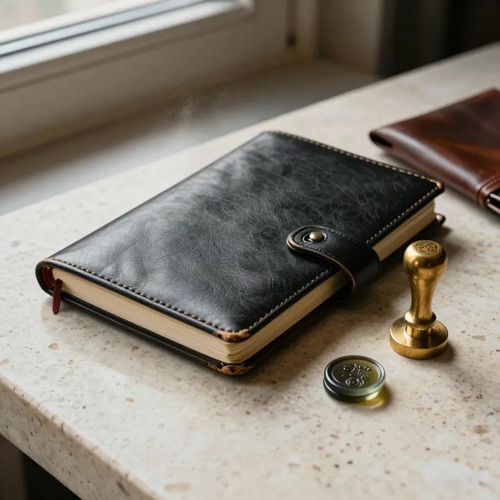 Black leather market notebook, brass pen and seal stamp on travertine in dramatic light