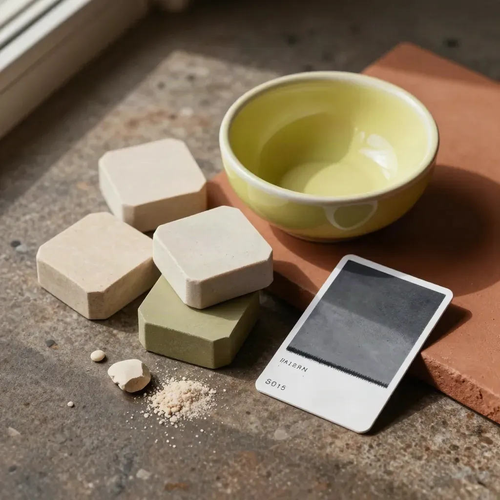 Top-down still life of finance tokens, ceramic bowl and graphite swatch card on terracotta plaster.