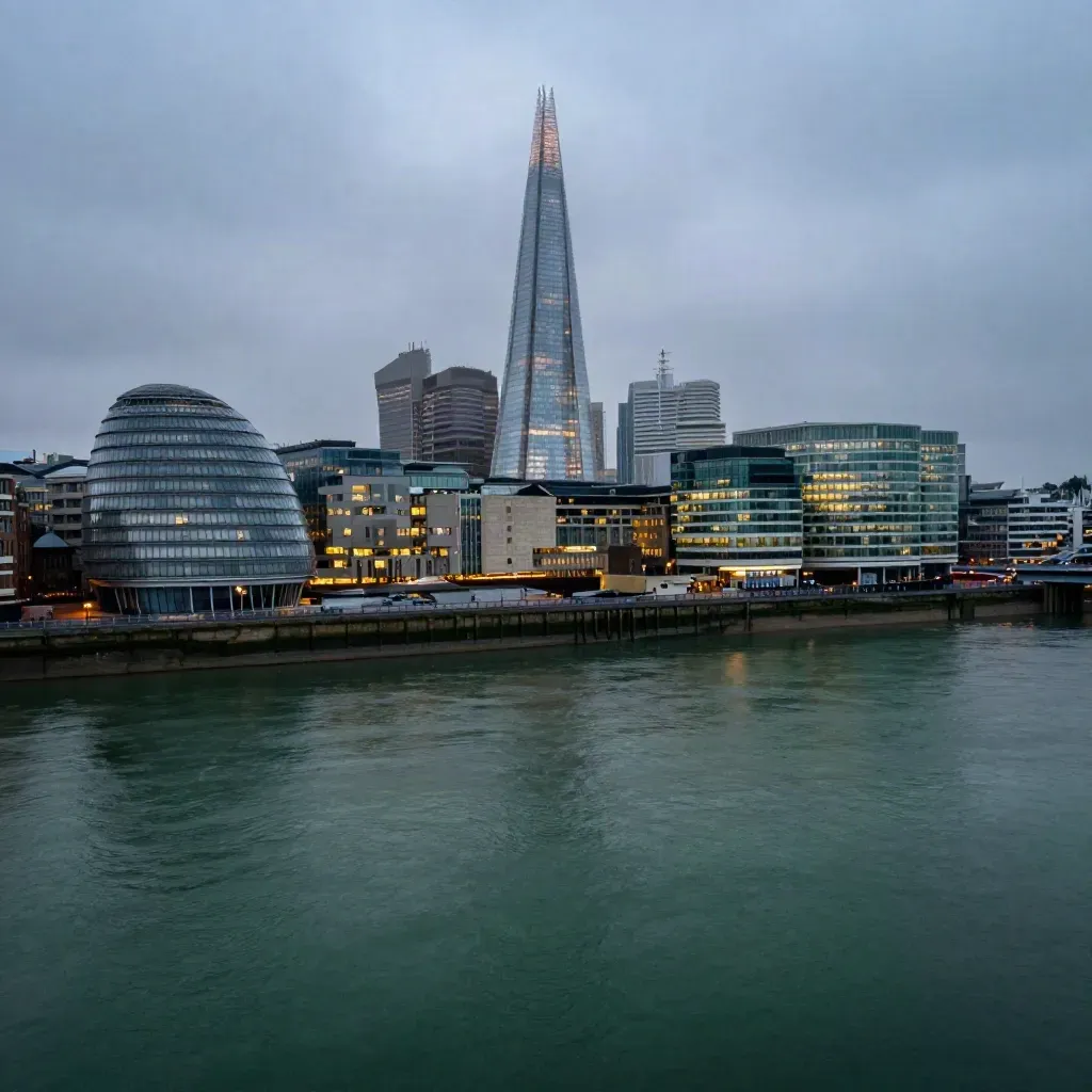 Rain-washed Thames skyline at blue hour with glowing towers above a calm misty river.