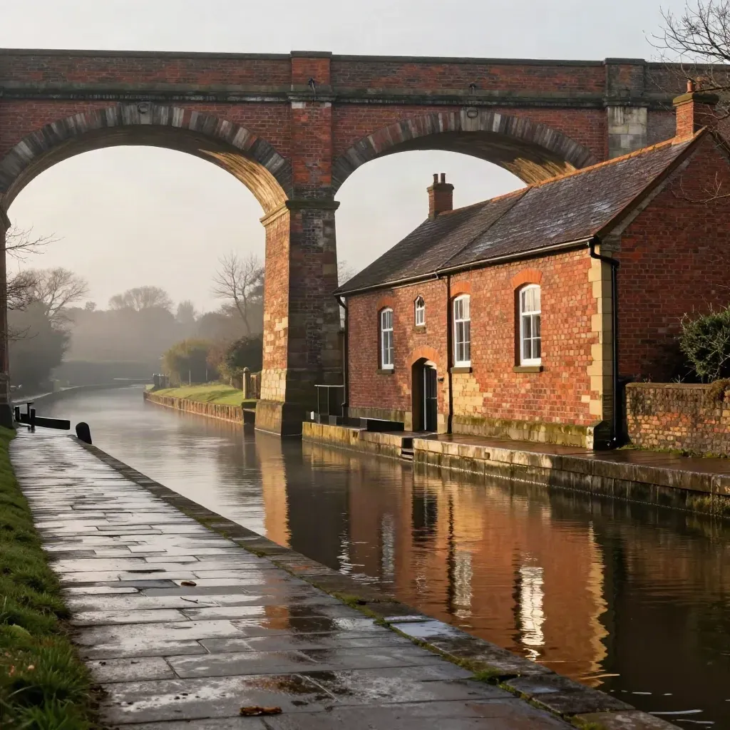 Midlands canal frontage with a high viaduct above a calm wet towpath in warm late-afternoon haze